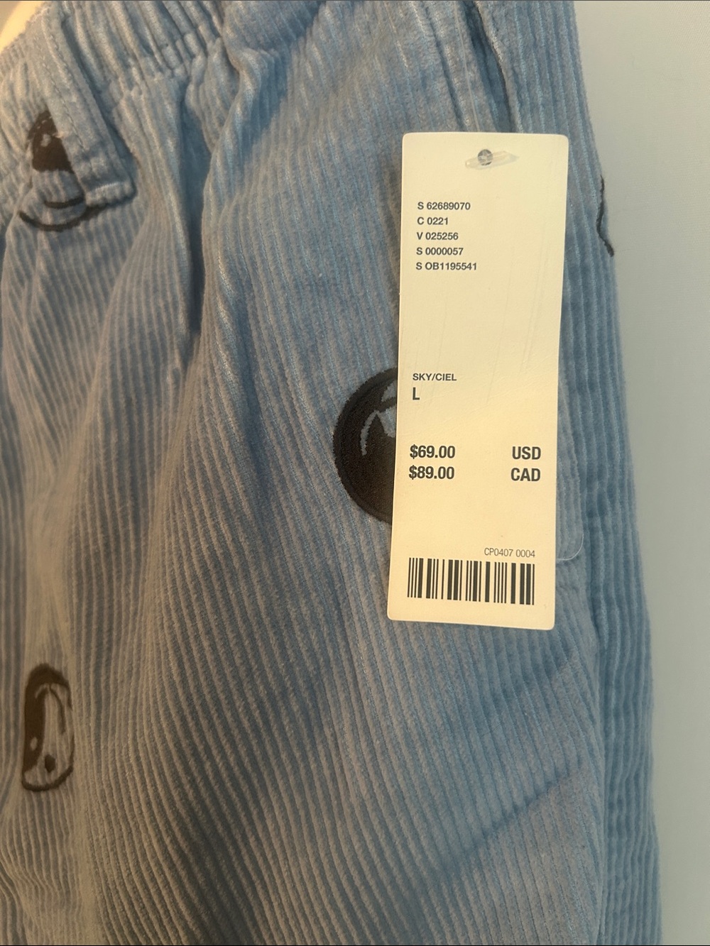 Urban outfitter, NWT size L blue corduroy pants with Yin Yang embroidered - Picture 2 of 7